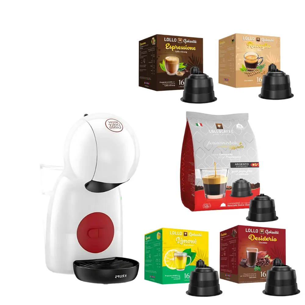 Bundle Dolce Gusto XS Nera + 96 Lollo Argento + 16 Ginseng + 16 Orzo + 16 Cioccolato + 16 Thé Limone